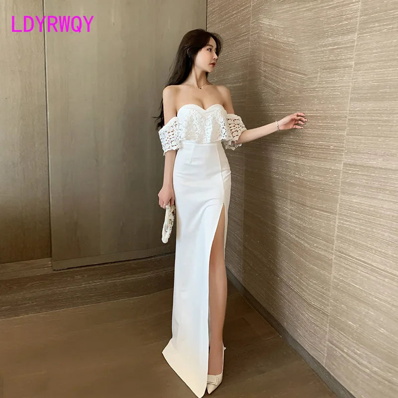 The new low-cut sexy strapless long dress in 2022 wraps the chest with a slit and drags the floor - Mozarto Enterprise