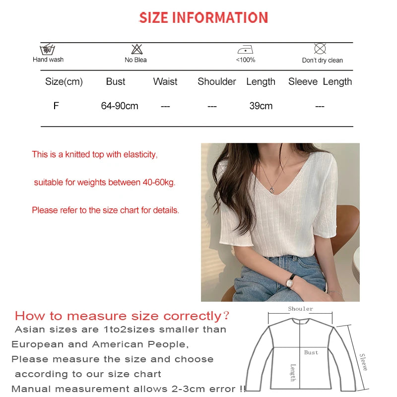 Women Striped Ice Silk T-shirts Knit Short Sleeve V-Neck Loose Casual Blouse Thin Solid Tees Tops For Women 2024 Spring Summer