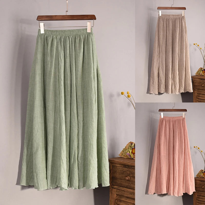 Vintage Solid Pleated Long Skirts Cotton Linen Maxi Skirt for Women Summer Elastic Waist  Girls Boho Beach Skirt A-Line Skirt - Mozarto Enterprise