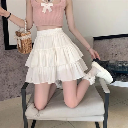 Pleated A-line Skirt White Women Ruffles Sweet Hottie Preppy Style Elastic Elastic Waist Slim Thin SimpleCasual Summer Wholesale - Mozarto Enterprise