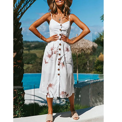 Beach Printing Suspenders Summer Midi Dress