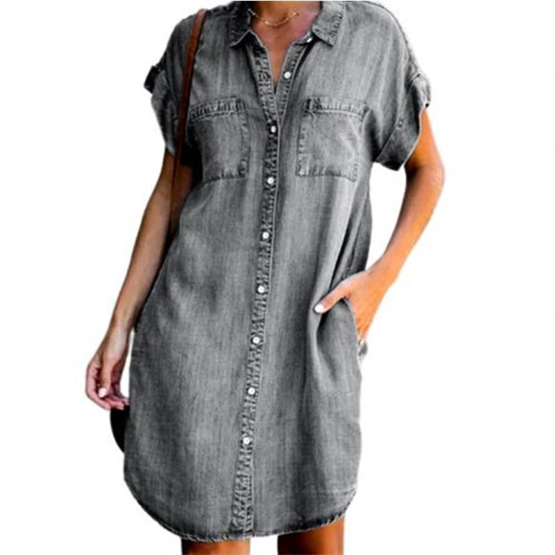 Women Denim Shirt Dresses Short Sleeve Distressed Jean Dress Button Down Casual Tunic Top - Mozarto Enterprise