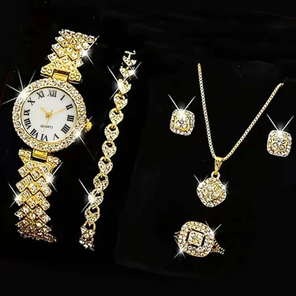 5PCS Fashion Rhinestone Jewelry & Watch Set