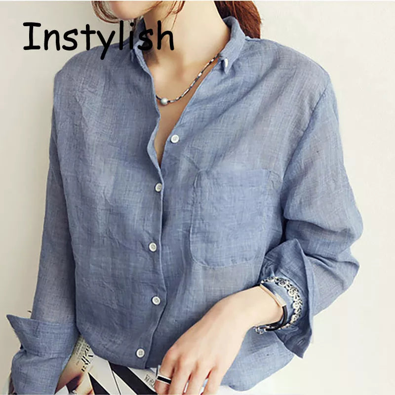 Women Autumn Korean Harjauku Solid Cotton and Linen Blouse Vintage Solid Thin Loose Shirt 2022 Casual Long Sleeve Korean Tops - Mozarto Enterprise