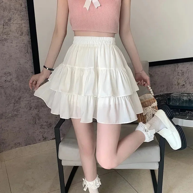 Pleated A-line Skirt White Women Ruffles Sweet Hottie Preppy Style Elastic Elastic Waist Slim Thin SimpleCasual Summer Wholesale - Mozarto Enterprise