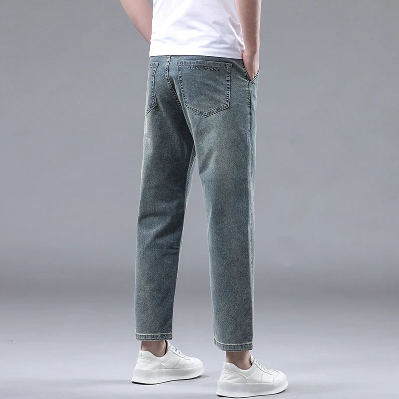 New Summer 95% Cotton Straight Thin Jeans for Men Classic Style Stretch Soft Fabric Light Blue Denim Ankle-Length Pants Male - Mozarto Enterprise