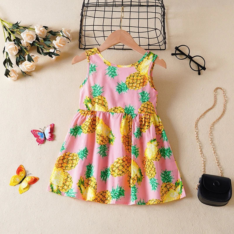 Summer Autumn Girls Dress Children V-Neck Sleeveless Korean Printed Pineapple Vest Dresses Baby Bow Sweet Costume For 9M-6Y