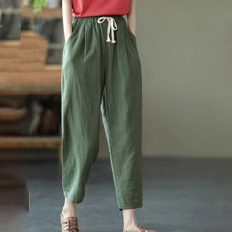 Rimocy 2024 Summer Casual Cotton Linen Pants Women Retro Pockets Loose Harem Pants Woman Solid Elastic Waist Trousers Female - Mozarto Enterprise