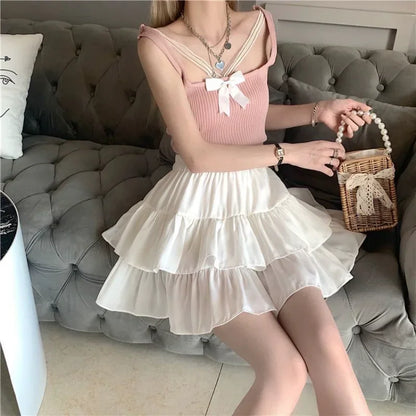 Pleated A-line Skirt White Women Ruffles Sweet Hottie Preppy Style Elastic Elastic Waist Slim Thin SimpleCasual Summer Wholesale - Mozarto Enterprise