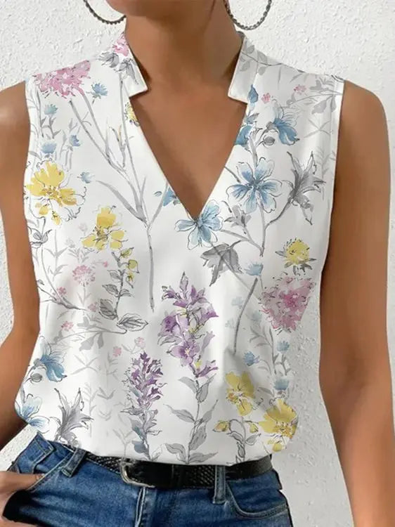 Fashion V-neck Sleeveless Print Women Tops And Blouses 2023 Summer Casual White Tank Top Femme Shirt Blouse - Mozarto Enterprise