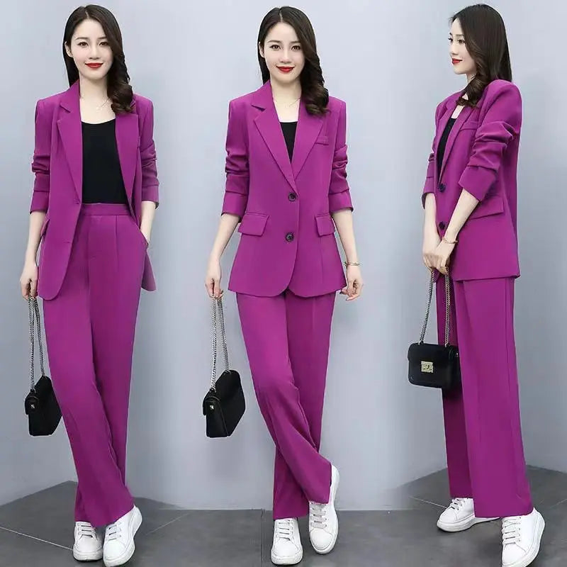 Spring Autumn Thin Women's Blazers Long Pants 2 Piece Set Korean Office Lady Casual Loose Suit Jacket Trousers Outfits Pantsuits - Mozarto Enterprise