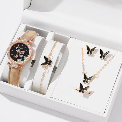 Women's Butterfly Watch Ring Necklace Bracelet Set