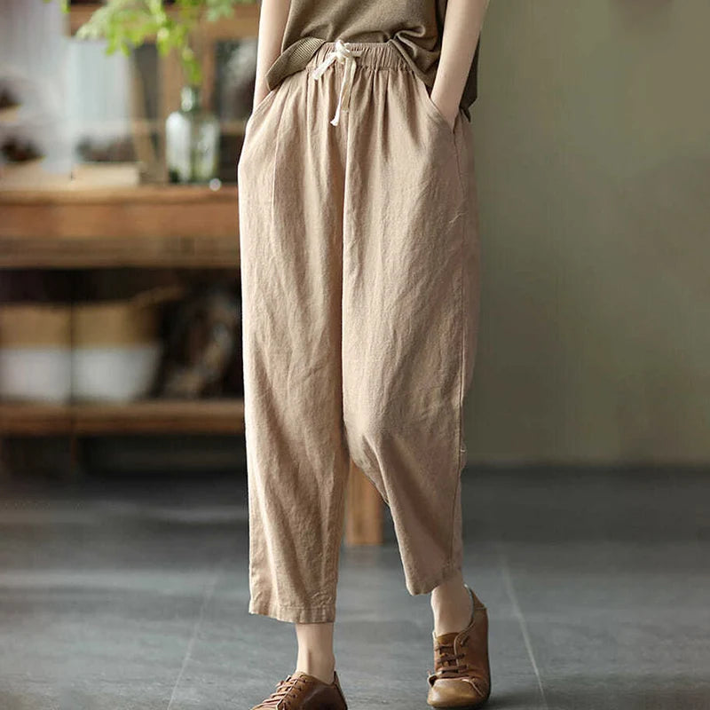 Rimocy 2024 Summer Casual Cotton Linen Pants Women Retro Pockets Loose Harem Pants Woman Solid Elastic Waist Trousers Female - Mozarto Enterprise