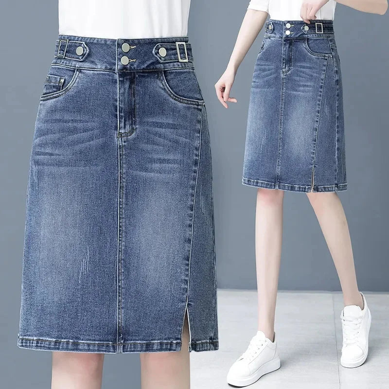 Biyaby Split Jean A-Line Skirt Woman 2023 Summer High Waist Double Buttons Blue Midi Skirts for Women Korean Office Denim Skirt - Mozarto Enterprise