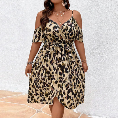 Plus Size Leopard Print Cold Shoulder Dress