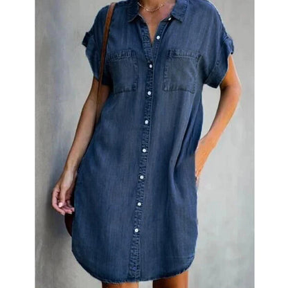 Women Denim Shirt Dresses Short Sleeve Distressed Jean Dress Button Down Casual Tunic Top - Mozarto Enterprise