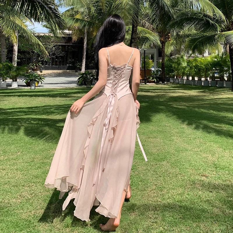 Maxi Long Dresses for Women 2023 New Summer Elegant Spaghetti Strap Slim Split Ruffle Female Clothes Beach Holiday Bandage Dress - Mozarto Enterprise