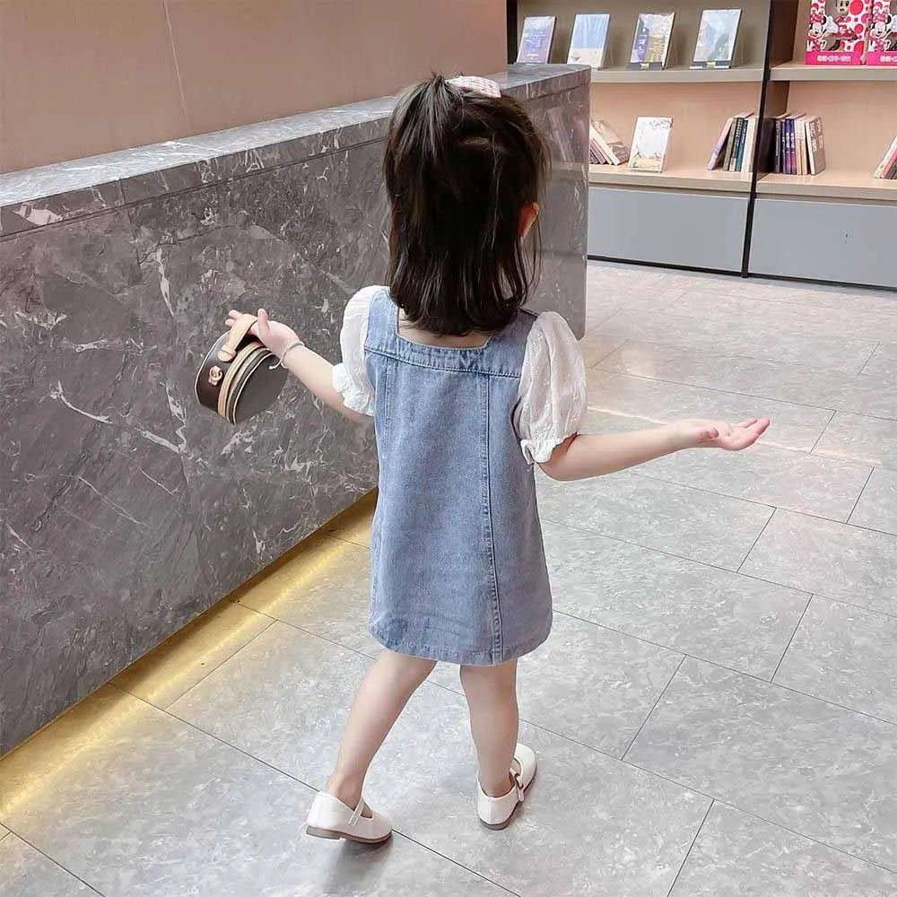 Summer Girls Fashion Denim Dress Baby Girls Puffed Sleeve Square Collar Pure Cotton Clothes Kids Cute Princess Dress