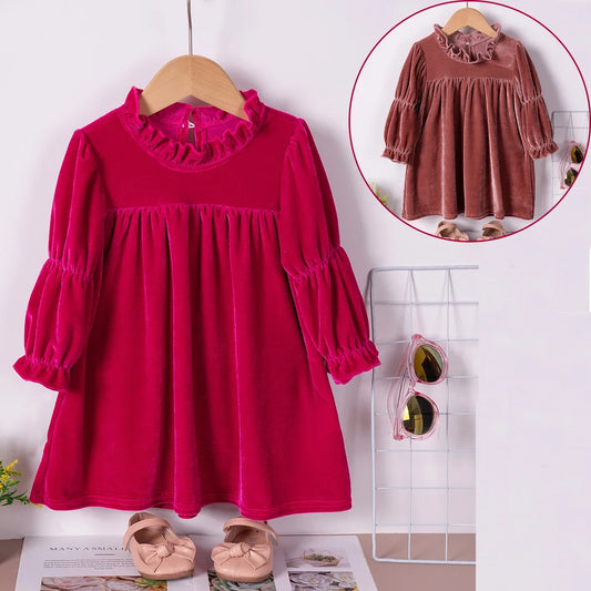 Spring and Autumn Girls Dress Solid Color Long-sleeved Princess Dress Corduroy Children's Clothes Fabric Soft and Comfortable