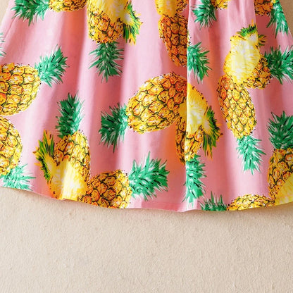 Summer Autumn Girls Dress Children V-Neck Sleeveless Korean Printed Pineapple Vest Dresses Baby Bow Sweet Costume For 9M-6Y