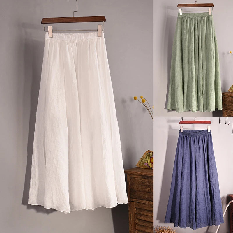 Vintage Solid Pleated Long Skirts Cotton Linen Maxi Skirt for Women Summer Elastic Waist  Girls Boho Beach Skirt A-Line Skirt - Mozarto Enterprise