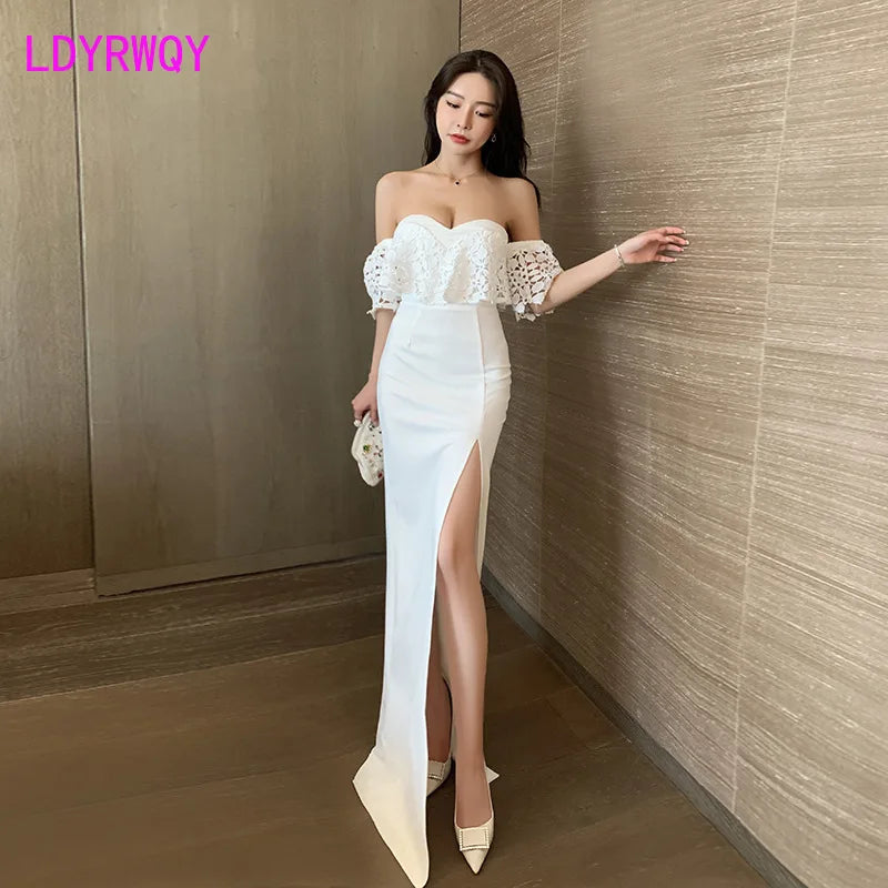 The new low-cut sexy strapless long dress in 2022 wraps the chest with a slit and drags the floor - Mozarto Enterprise