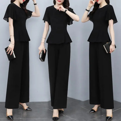 Summer New Fashion Women's Suit Black Thin Flying Sleeve Chiffon Shirt High Waist Wide Leg Pants Temperament Two-piece Set - Mozarto Enterprise