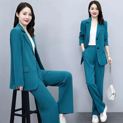 Spring Autumn Thin Women's Blazers Long Pants 2 Piece Set Korean Office Lady Casual Loose Suit Jacket Trousers Outfits Pantsuits - Mozarto Enterprise