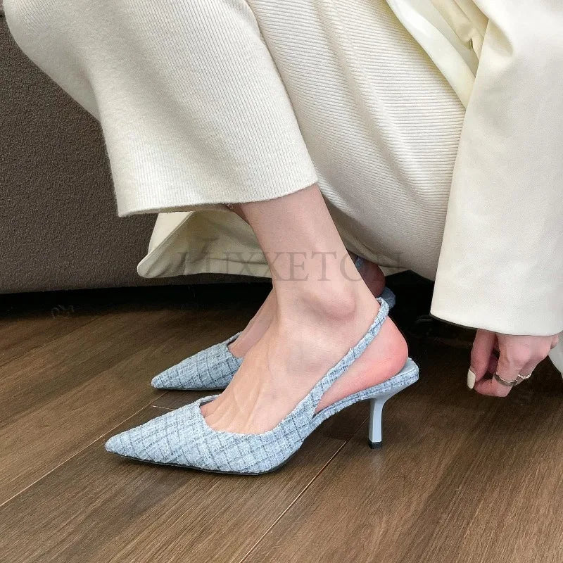 Sea Salt Blue Pointed High Heel Sandals for Women Back Hollow Half Headed Single Shoes Fashion Versatile Casual Shoes - Mozarto Enterprise