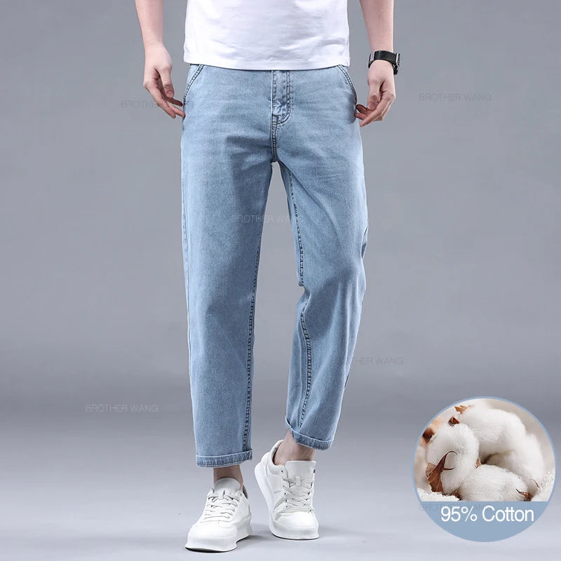 New Summer 95% Cotton Straight Thin Jeans for Men Classic Style Stretch Soft Fabric Light Blue Denim Ankle-Length Pants Male - Mozarto Enterprise