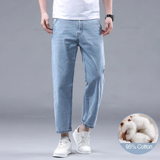 New Summer 95% Cotton Straight Thin Jeans for Men Classic Style Stretch Soft Fabric Light Blue Denim Ankle-Length Pants Male - Mozarto Enterprise