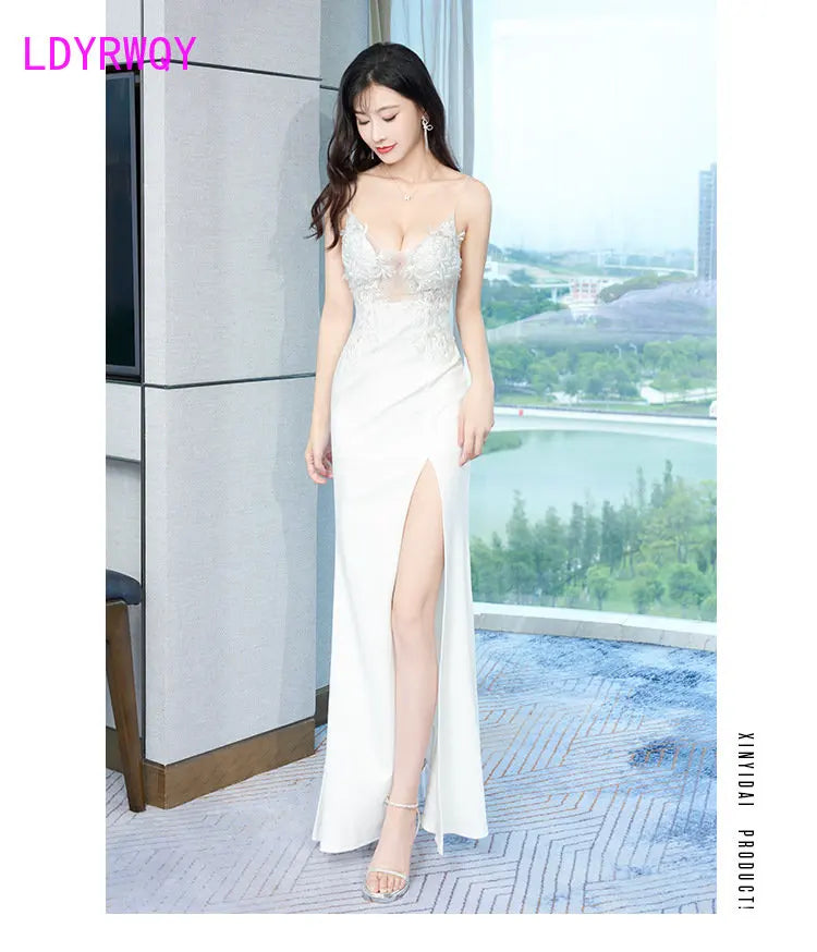 Sling Deep V Low cut Sexy Perspective Embroidery Dress Temperament White Slim Slit Night Show - Mozarto Enterprise