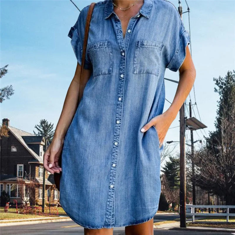 Women Denim Shirt Dresses Short Sleeve Distressed Jean Dress Button Down Casual Tunic Top - Mozarto Enterprise