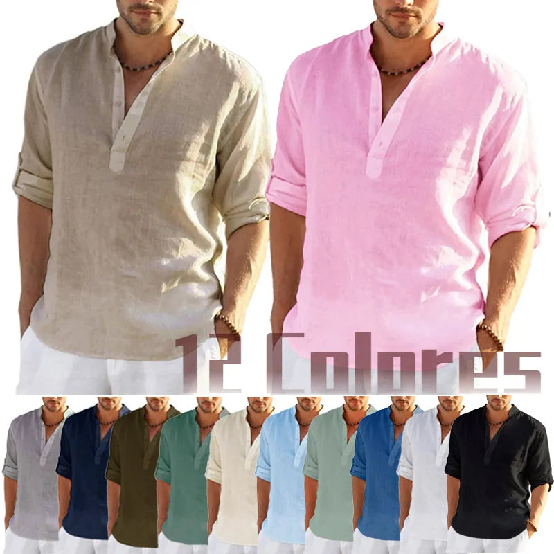 New Men's Linen Long Sleeve T-Shirt Solid Color Loose Casual Shirt Long Sleeve Cotton Linen Shirt - Mozarto Enterprise