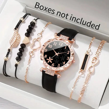 6pcs Women's Flower Quartz Watch & Bracelets Set