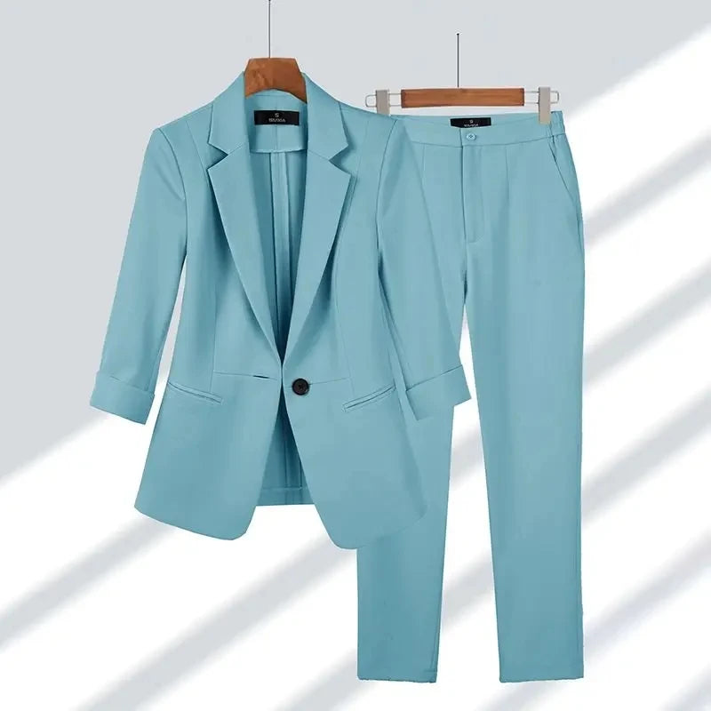 Women Spring Summer Thin Blazers Pants Two Piece Set 2024 New Office Lady Solid Professional Suit Workwear Outfits Female - Mozarto Enterprise