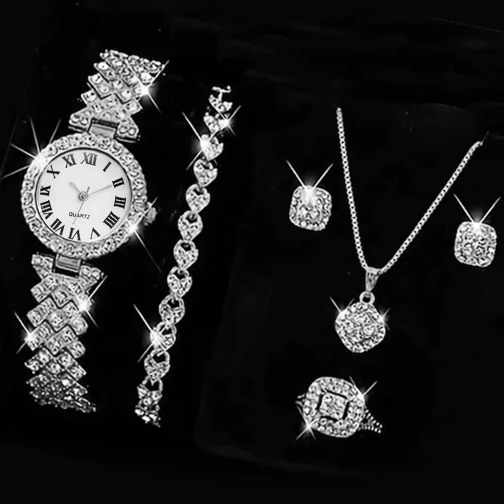 5PCS Fashion Rhinestone Jewelry & Watch Set