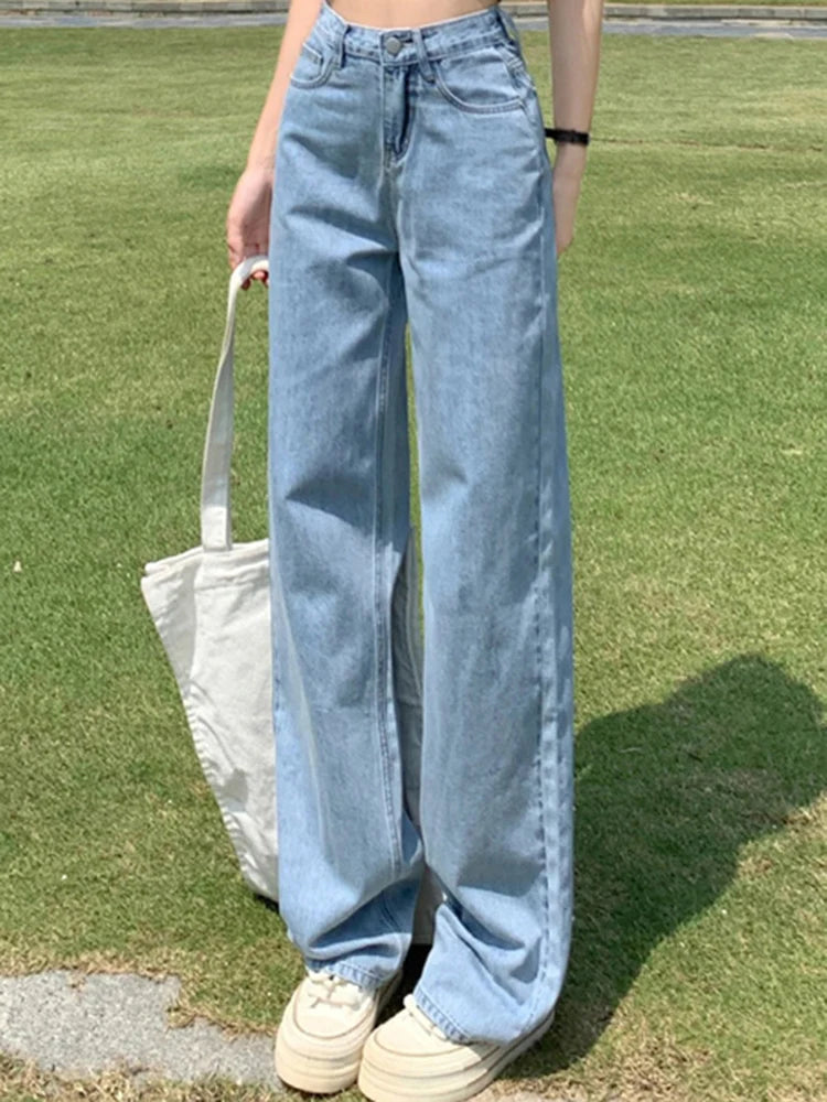 Female High Waist Loose Wide Leg Jeans Lady Non Strech Straight Leg Pants Girls White Light Blue Deep Blue Korean Denim Trousers - Mozarto Enterprise