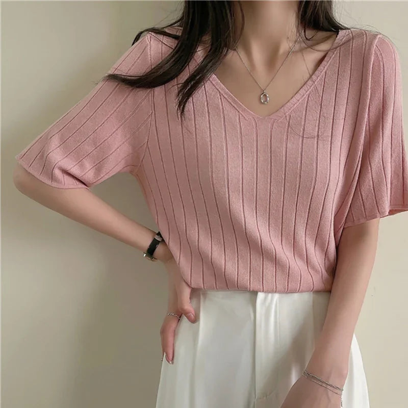 Women Striped Ice Silk T-shirts Knit Short Sleeve V-Neck Loose Casual Blouse Thin Solid Tees Tops For Women 2024 Spring Summer