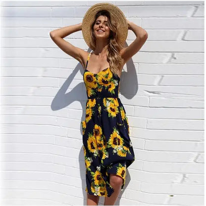 Beach Printing Suspenders Summer Midi Dress