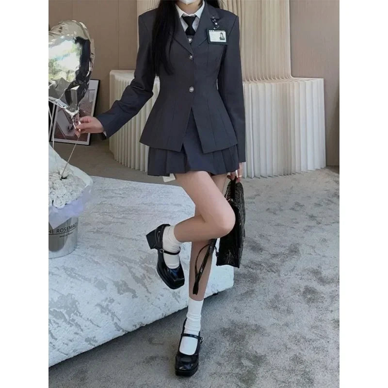 Women's Set 2023 New Single Breasted Waist Length Blazer Gray Vest Grey Pleated Skirt Academy Style Three Piece Women's Clothing - Mozarto Enterprise