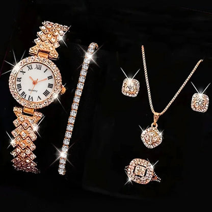 5PCS Fashion Rhinestone Jewelry & Watch Set