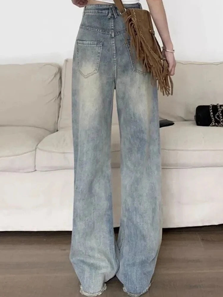 Women American Retro High Waist Loose Flare Jeans Lady Designer Baggy Wide Leg Pants Korean Version Raw Edge Denim Blue Trousers - Mozarto Enterprise