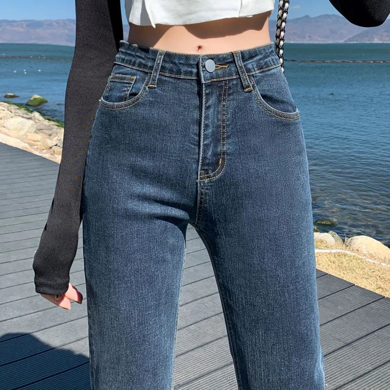 High Waisted Elastic Denim Jeans for Women's New Slim Fit Straight Cuffed Smoke Pipe Pants Classic Fashion Dropship - Mozarto Enterprise