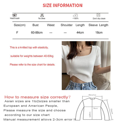 Women Summer Square Collar Solid Casual Top Beach Short Sleeve Knitted Crop Tops Striped Slim Y2K Shirts Tee Spring