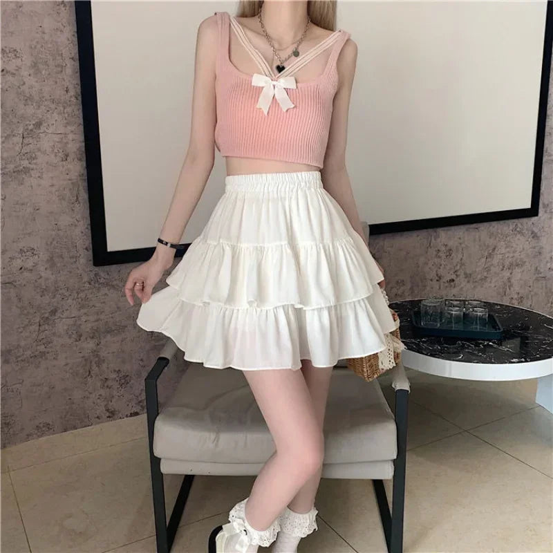 Pleated A-line Skirt White Women Ruffles Sweet Hottie Preppy Style Elastic Elastic Waist Slim Thin SimpleCasual Summer Wholesale - Mozarto Enterprise