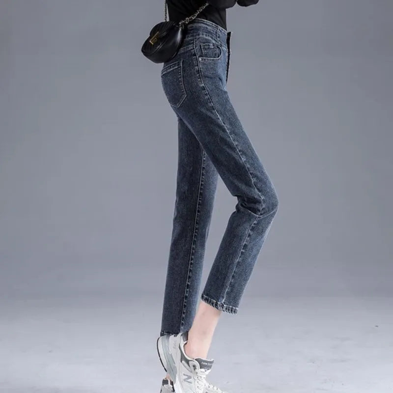 New Arrival Women Jeans High Waisted Elastic Female Jeans Double Straight Slimming Buckle Ninth Point Korean Smoke Pipe Pants - Mozarto Enterprise