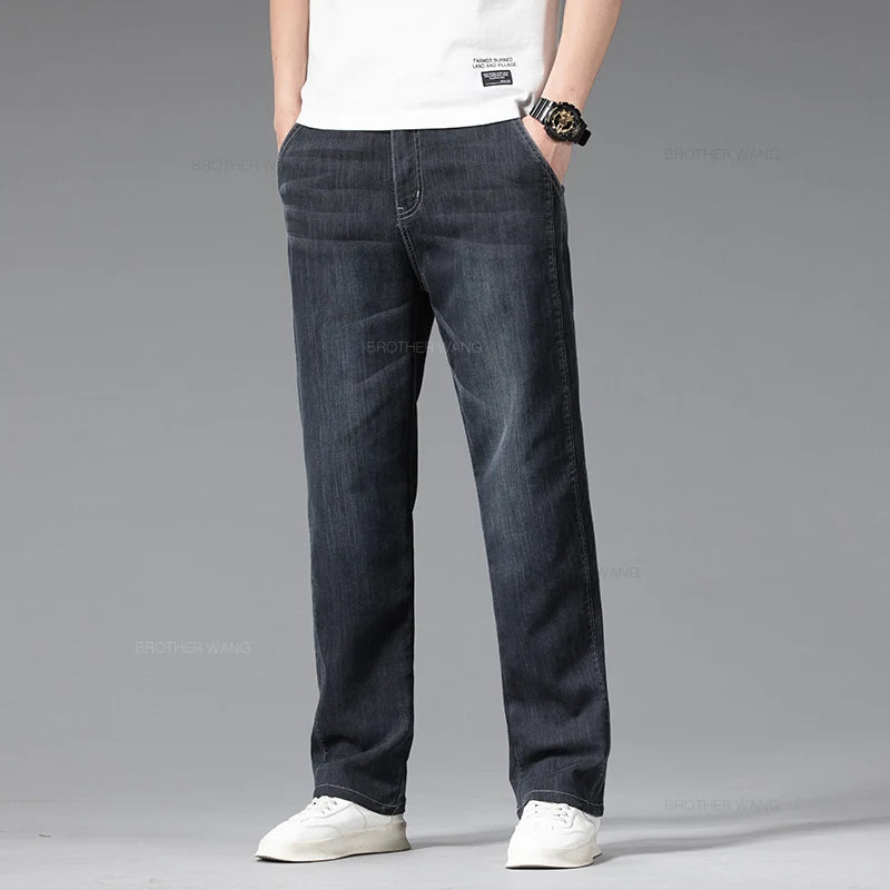 Summer Thin Jeans Men's Loose Straight Pants Fashion Elastic Waist Stretch Cotton Business Casual Denim Trousers Light Blue - Mozarto Enterprise