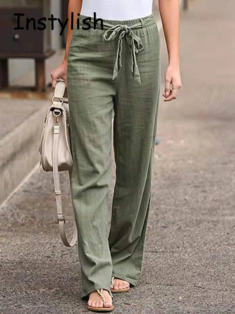 Women Vintage Cotton and Linen Wide Lege Pants Casual Solid Lace Up Elastic Waist Trousers Summer Streetwear Harajuku Loose Pant - Mozarto Enterprise