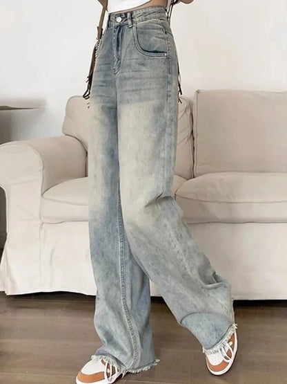 Women American Retro High Waist Loose Flare Jeans Lady Designer Baggy Wide Leg Pants Korean Version Raw Edge Denim Blue Trousers - Mozarto Enterprise